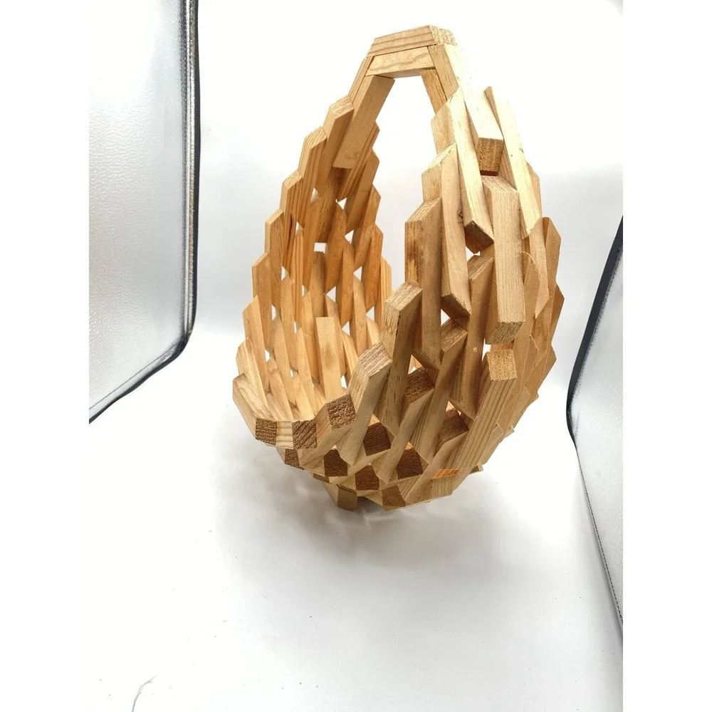 Vintage MCM Handmade Wood Geometric Block‎ Basket Bowl Mid Century Decor